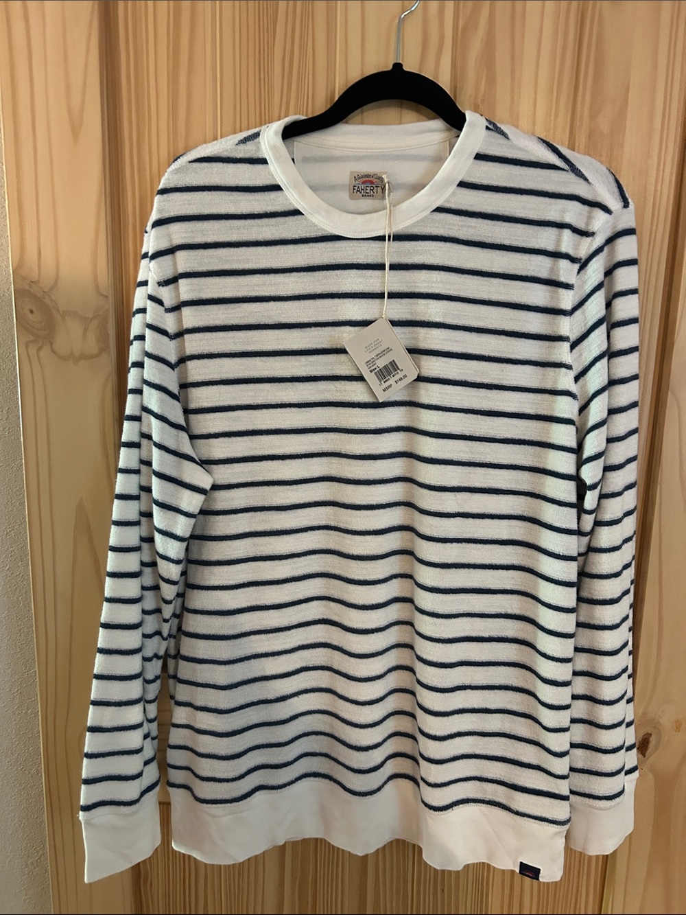 Faherty White and Navy Striped Crewneck Sweatshirt